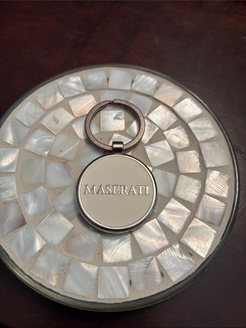 Maserati Silver Tone Round Keyring - White Center